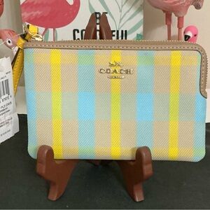 Coach Yellow & Blue Plaid Zip Wristlet